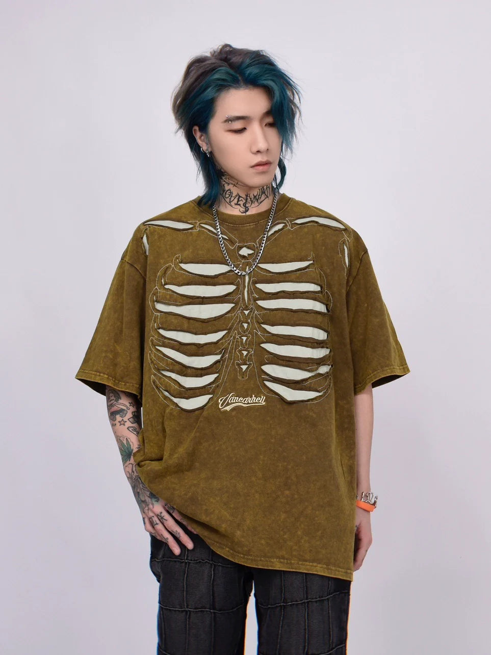 Skeleton Rippcage Mesh Cutout übergroßes T-Shirt