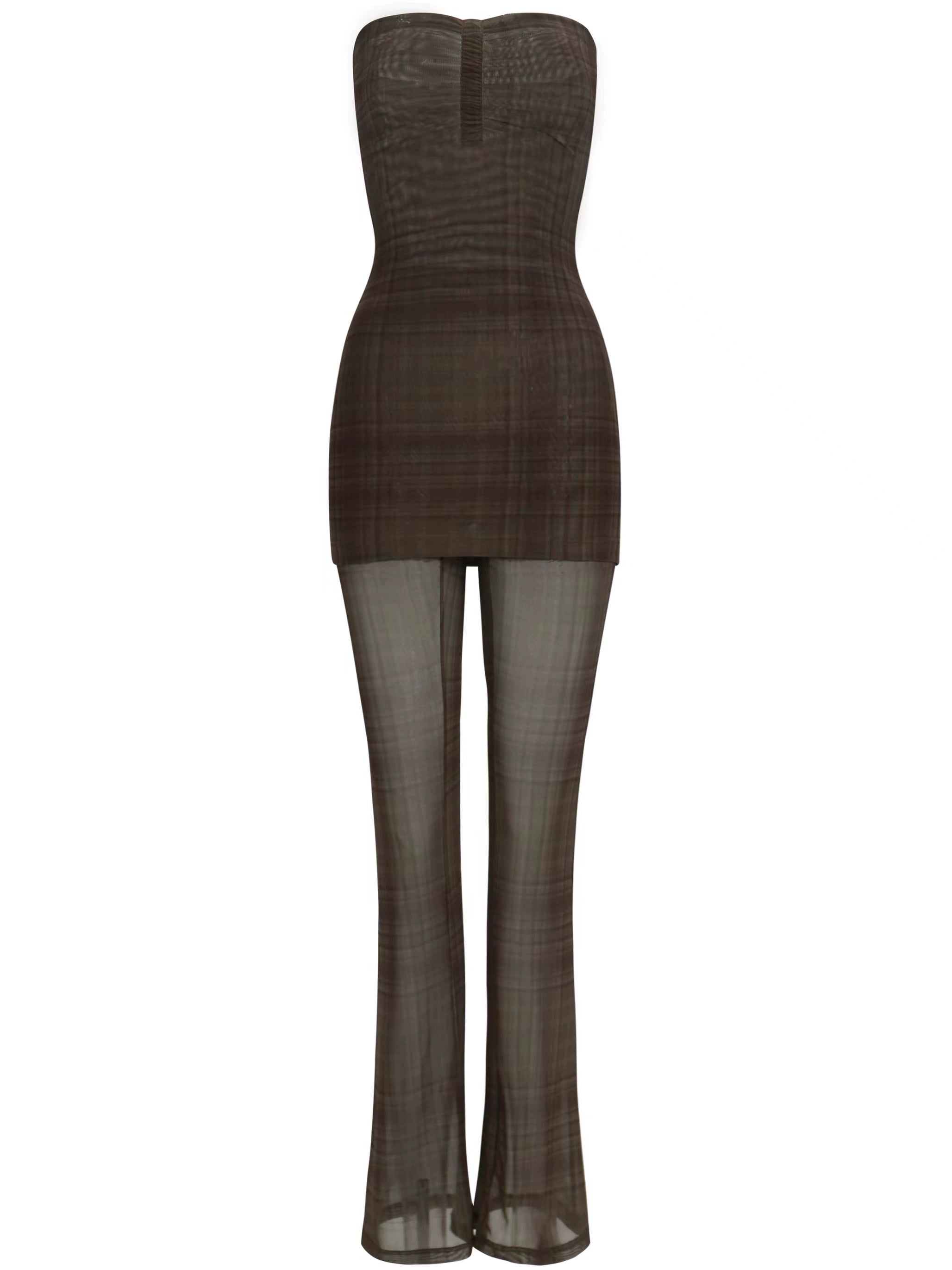 Dunkelbraune karierte Bustier -Kleiderhose
