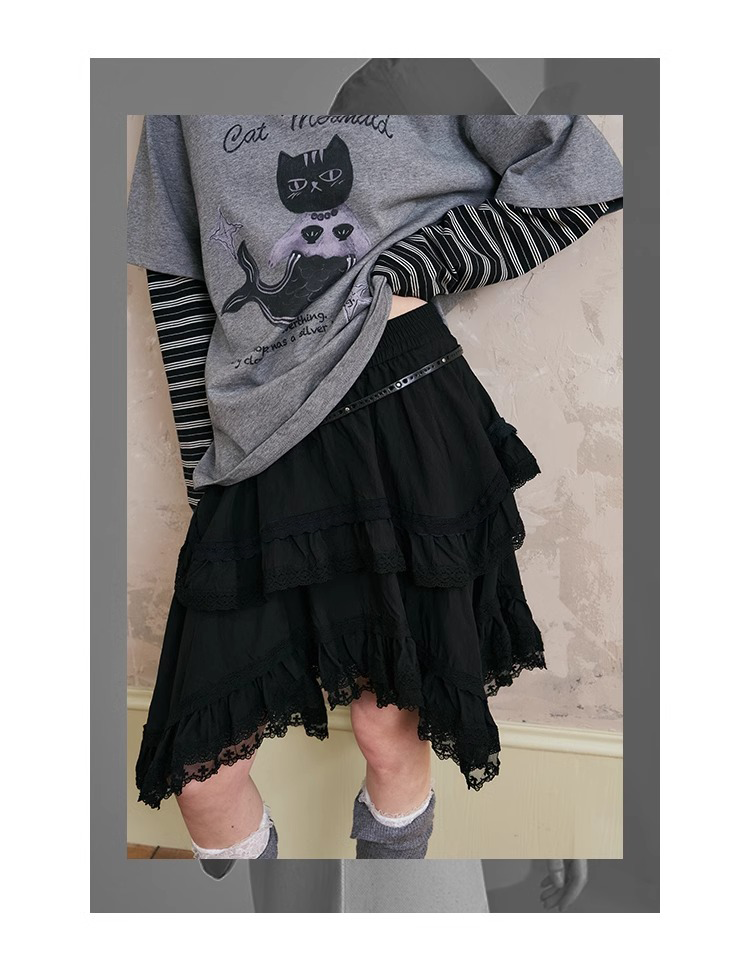 Sporty Hooded Jacket & Tiered Lace Midi Skirt Set