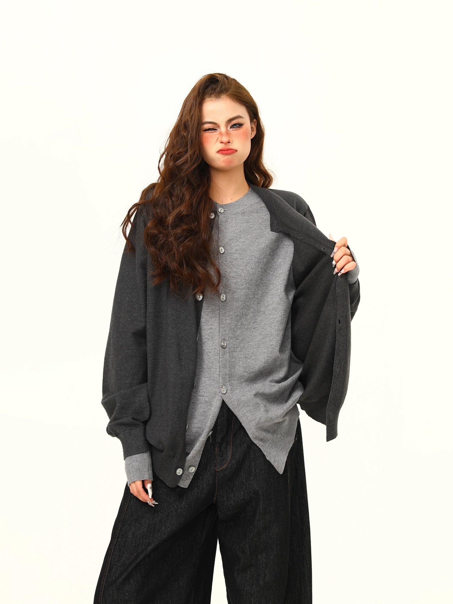 Two-Tone Gray Asymmetric Button Cardigan