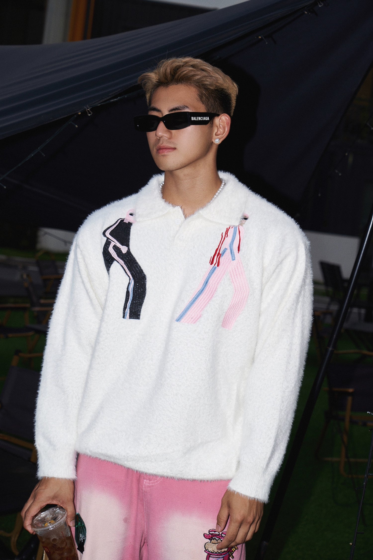 Fuzzy Embroidered Polo Sweater