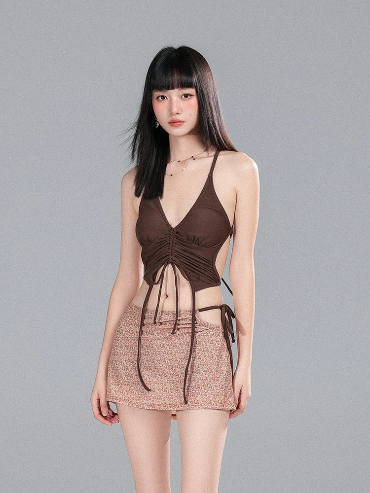 Mocha Cinch Halter Mini Skirt Set