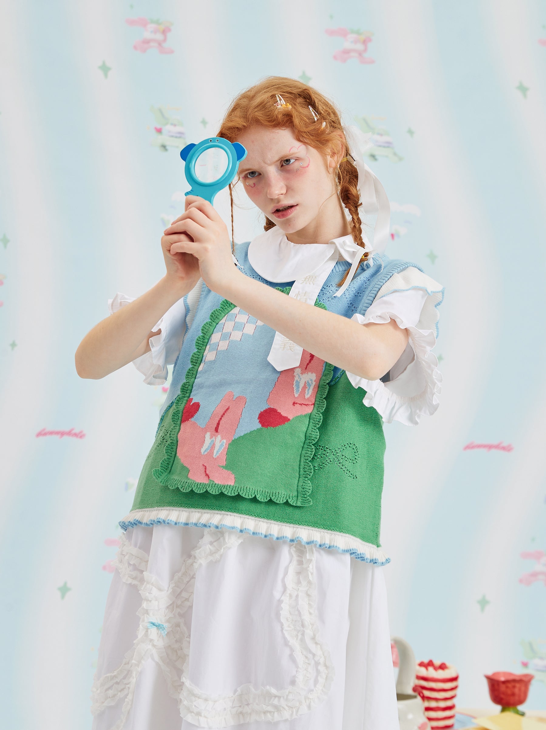 Mint Bunny Pattern Sweater Vest Top