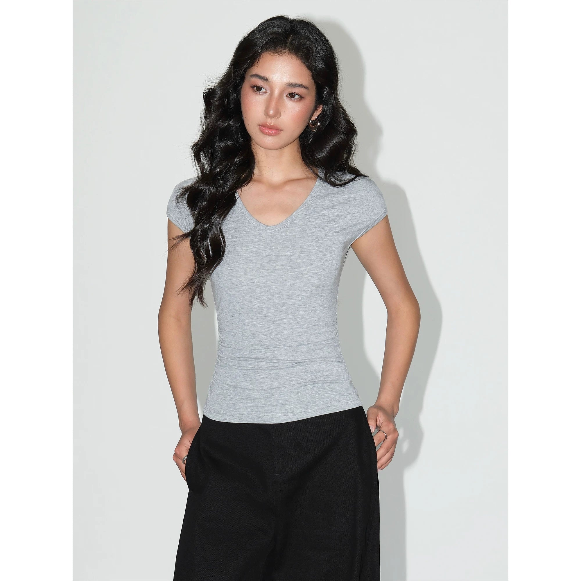 Soft Curve Ruched V‑Neck Tee