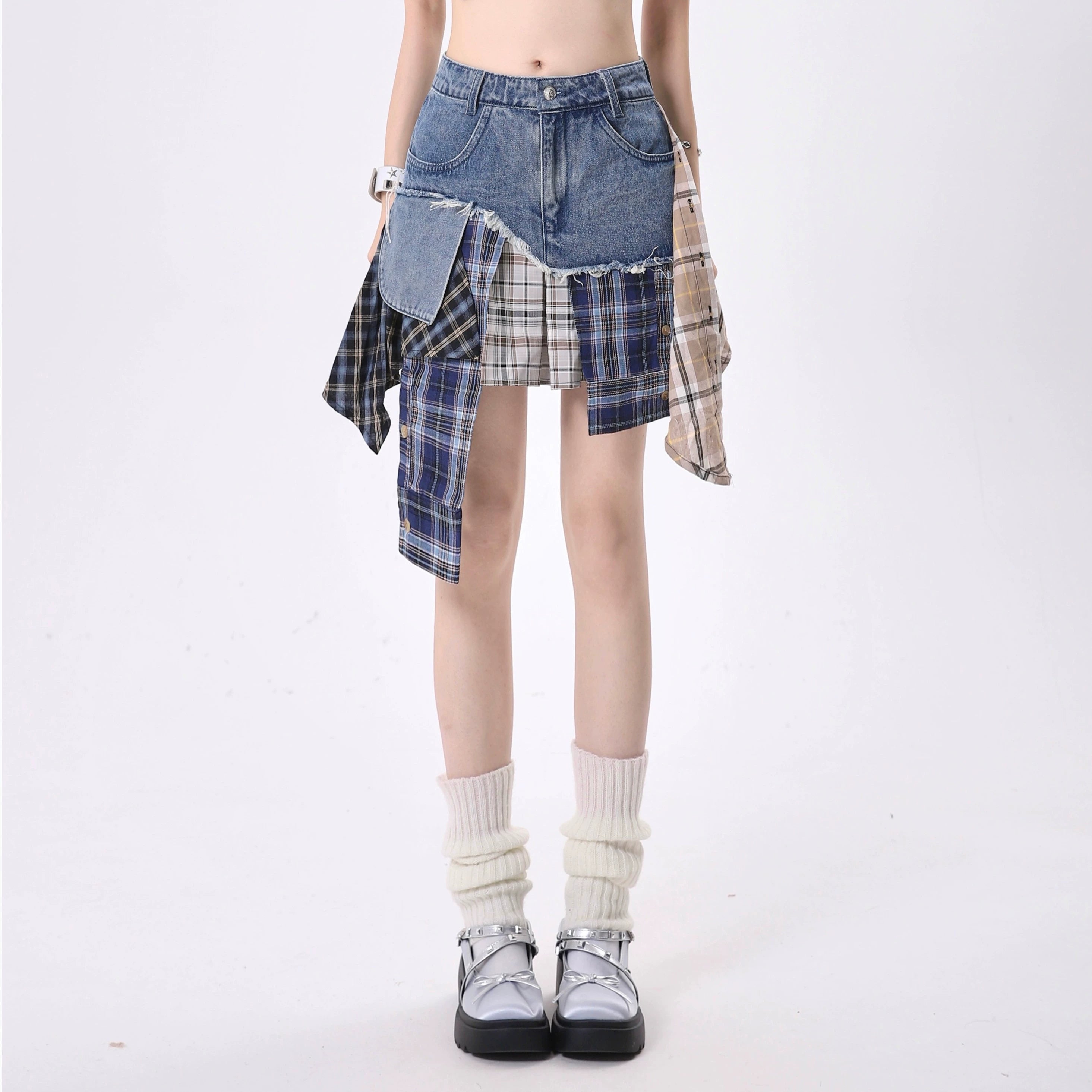 Mixed Plaid Patchwork Denim Mini Skirt