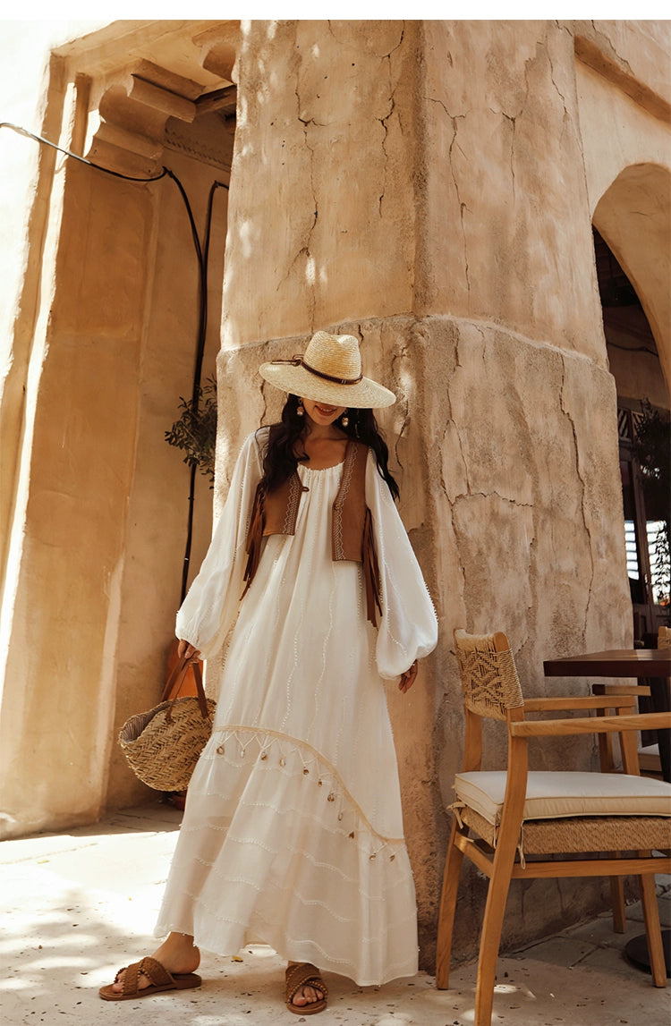 Boho White Tassel Maxi Dress