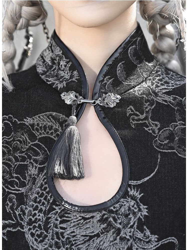 블랙 치파오 스타일 미니 드레스