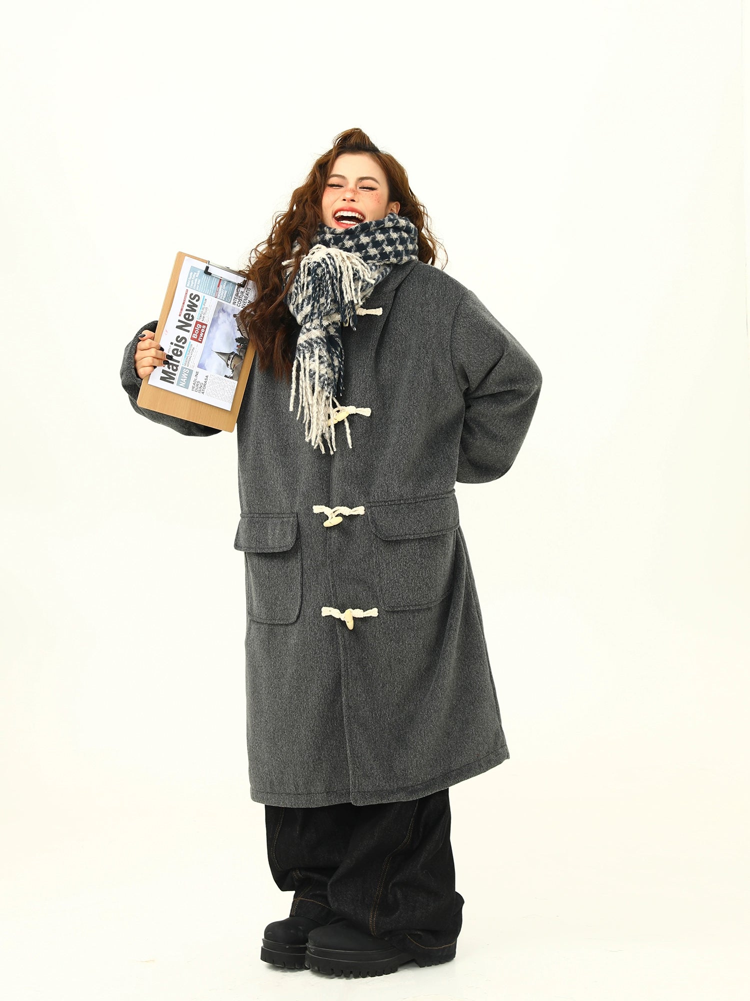 Oversized Charcoal Duffle Coat with Toggle Closures