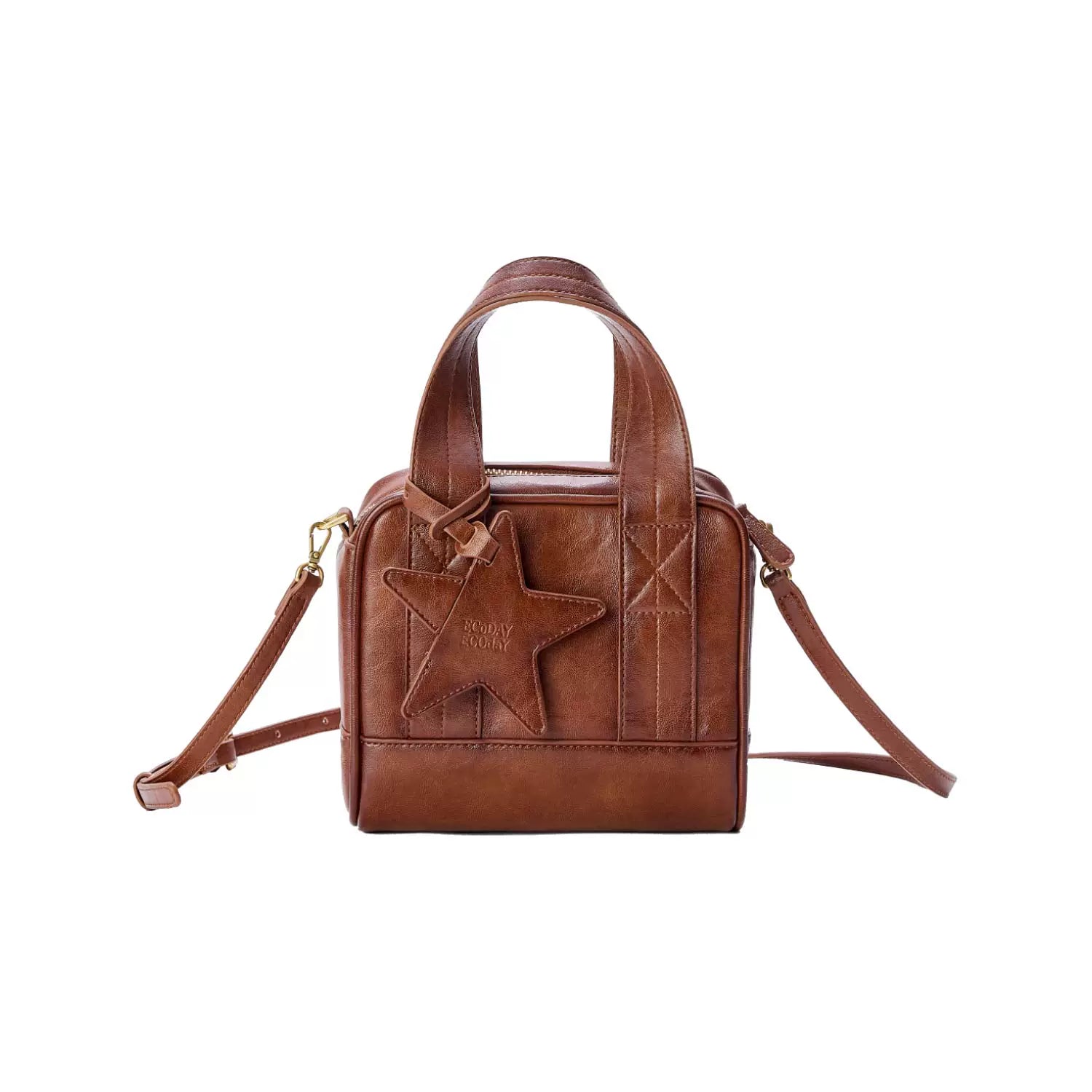 Star-Embossed Mini Boston Crossbody Bag - Warm Brown