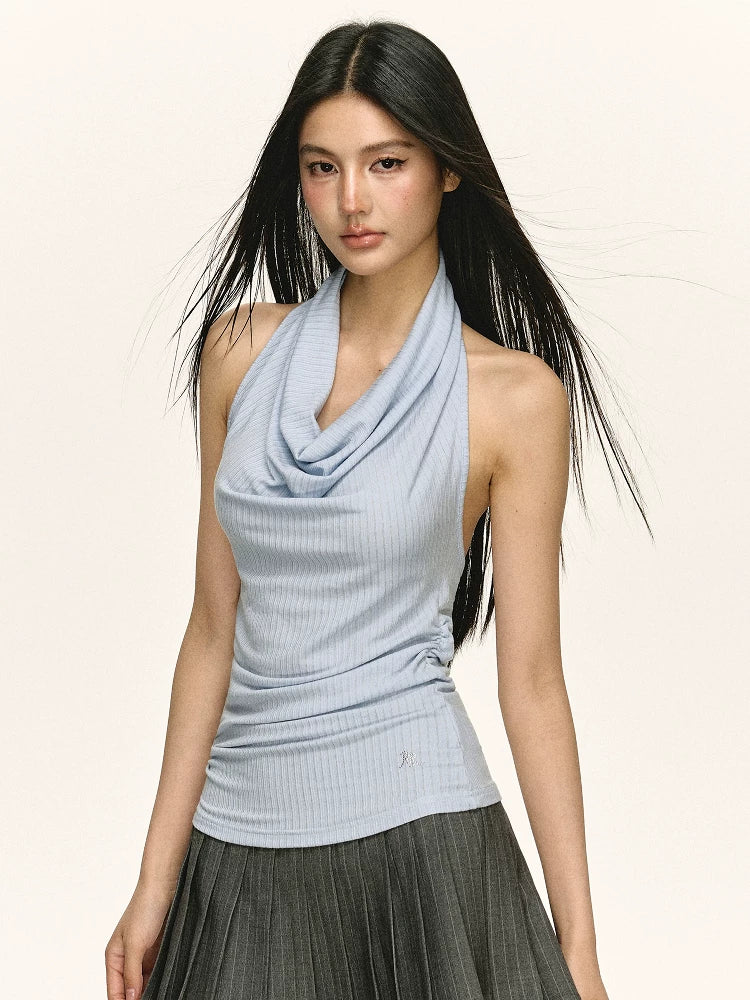 Retro Slim-fit Draped Cowl Neck Halter Top