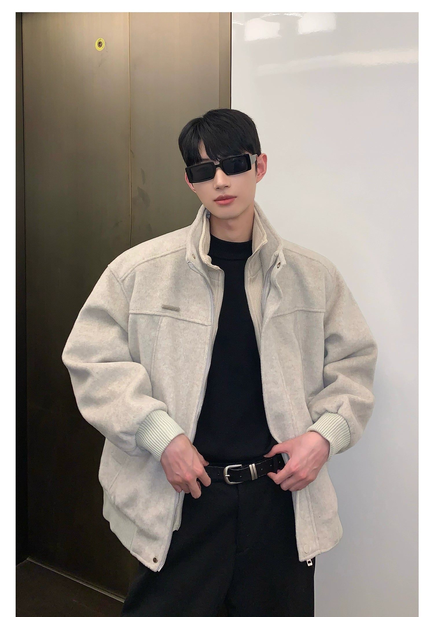 Bomber Jacket with Stand Collar and Ribbed Cuffs