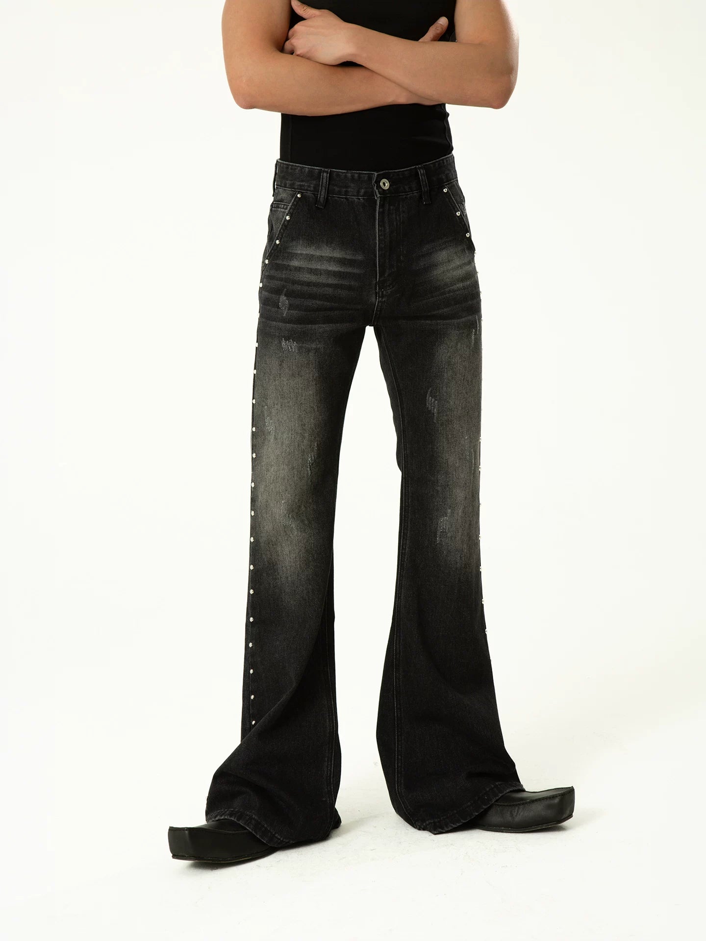 Side-Stitched Studded Flare Denim