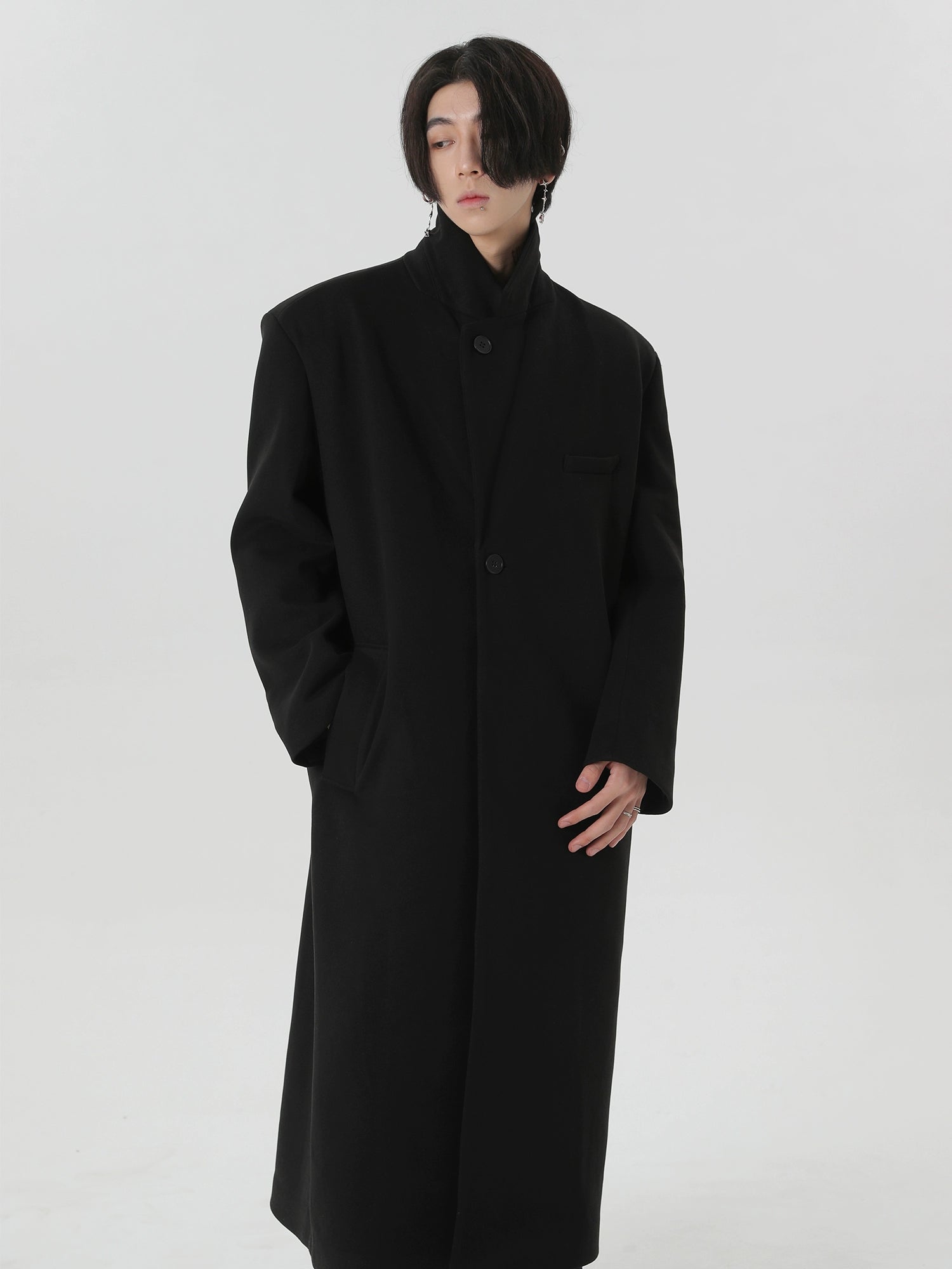 Single-Breasted Black Long Overcoat