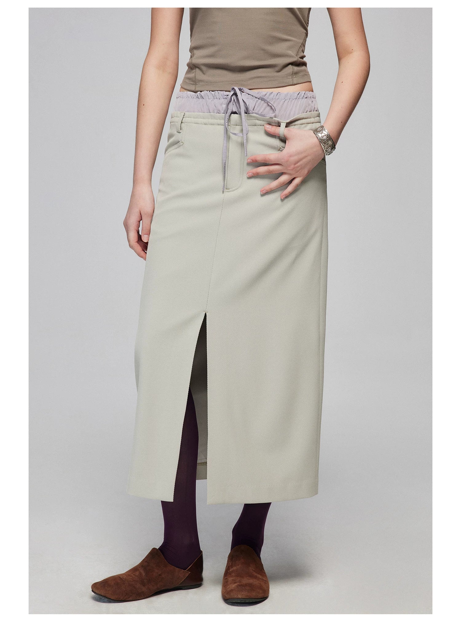 Layered Waist Front-Slit Midi Skirt