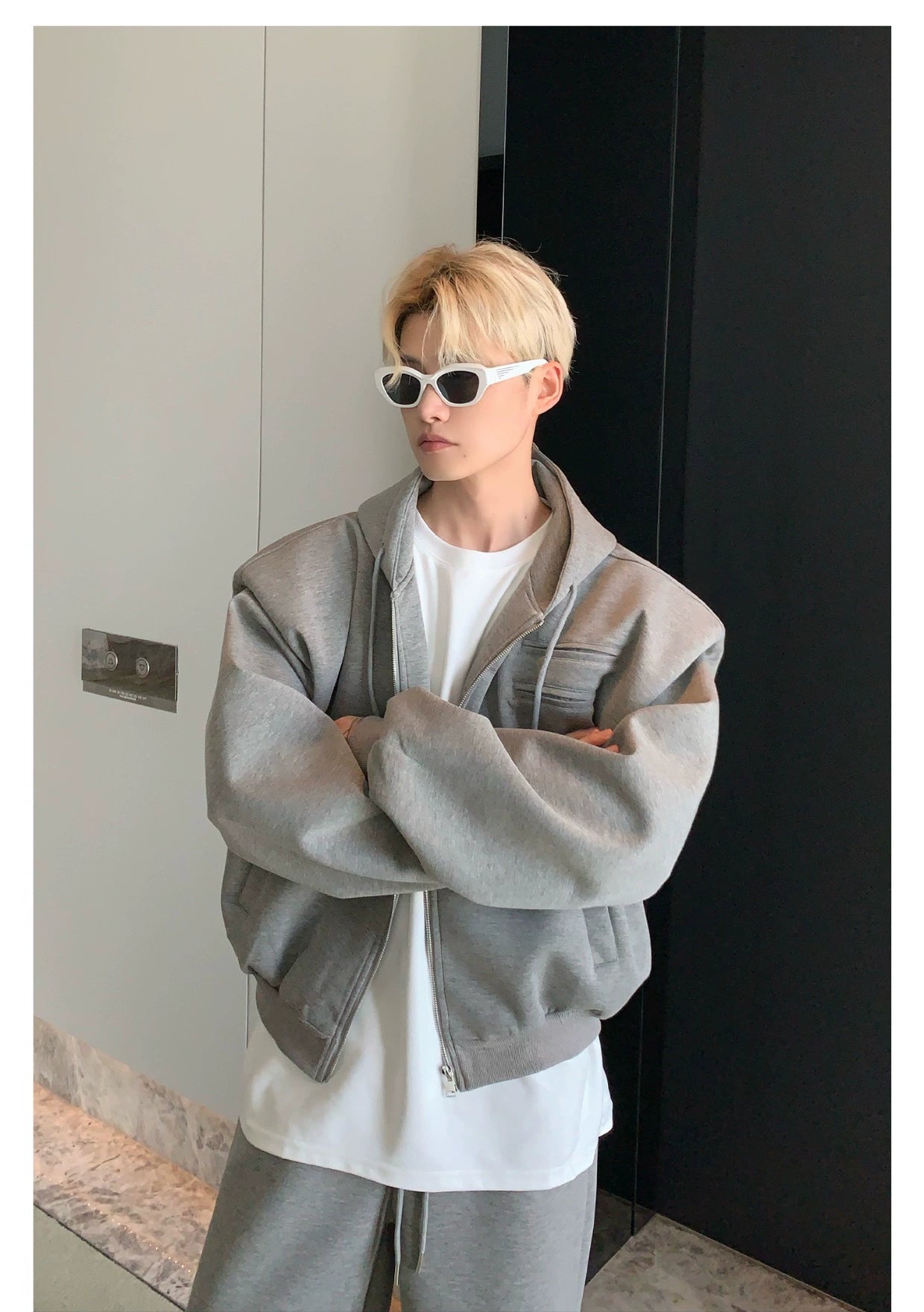 Shoulder-Padded Hoodie Jacket with Straight-Leg Pants Two-Piece Set