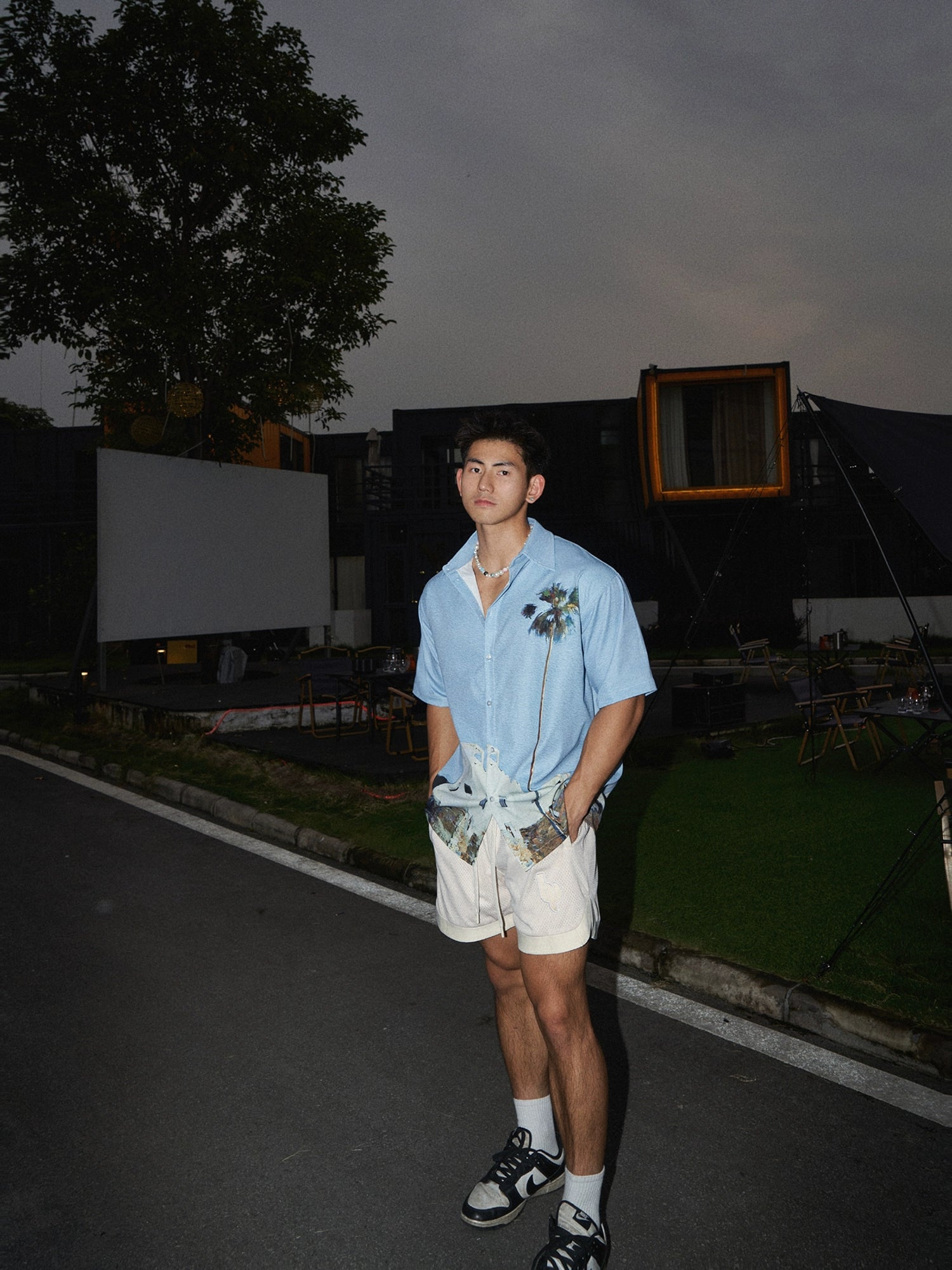 Light Blue Shirt with Mediterranean Scene Print