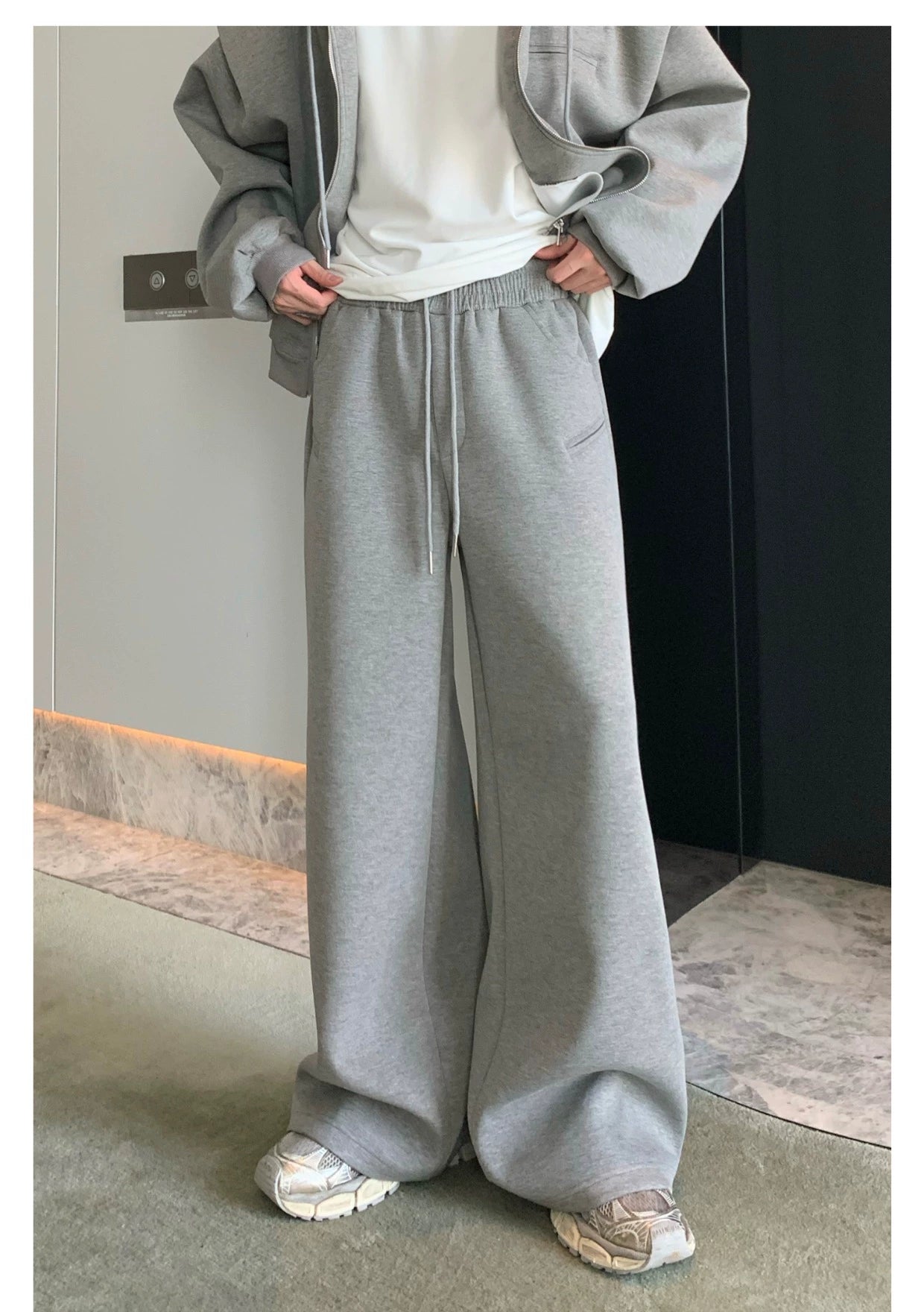 Shoulder-Padded Hoodie Jacket with Straight-Leg Pants Two-Piece Set