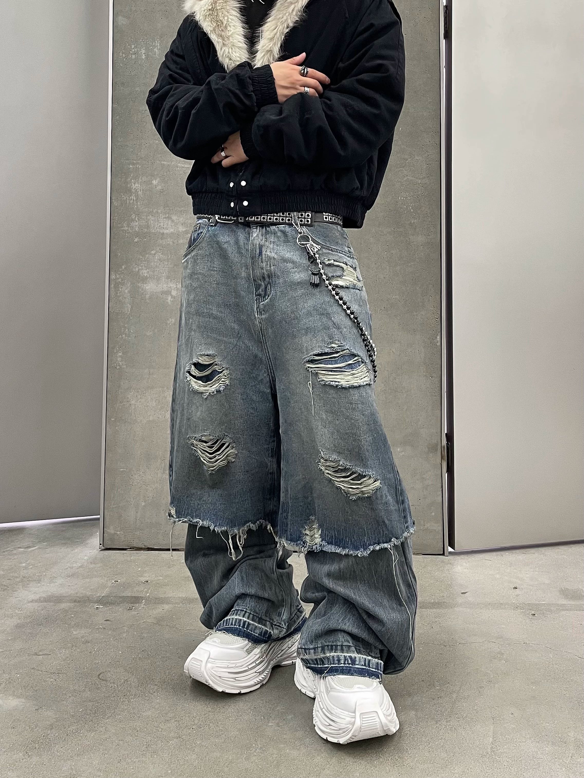 Patchwork Distressed Layered Wide-Leg Jeans