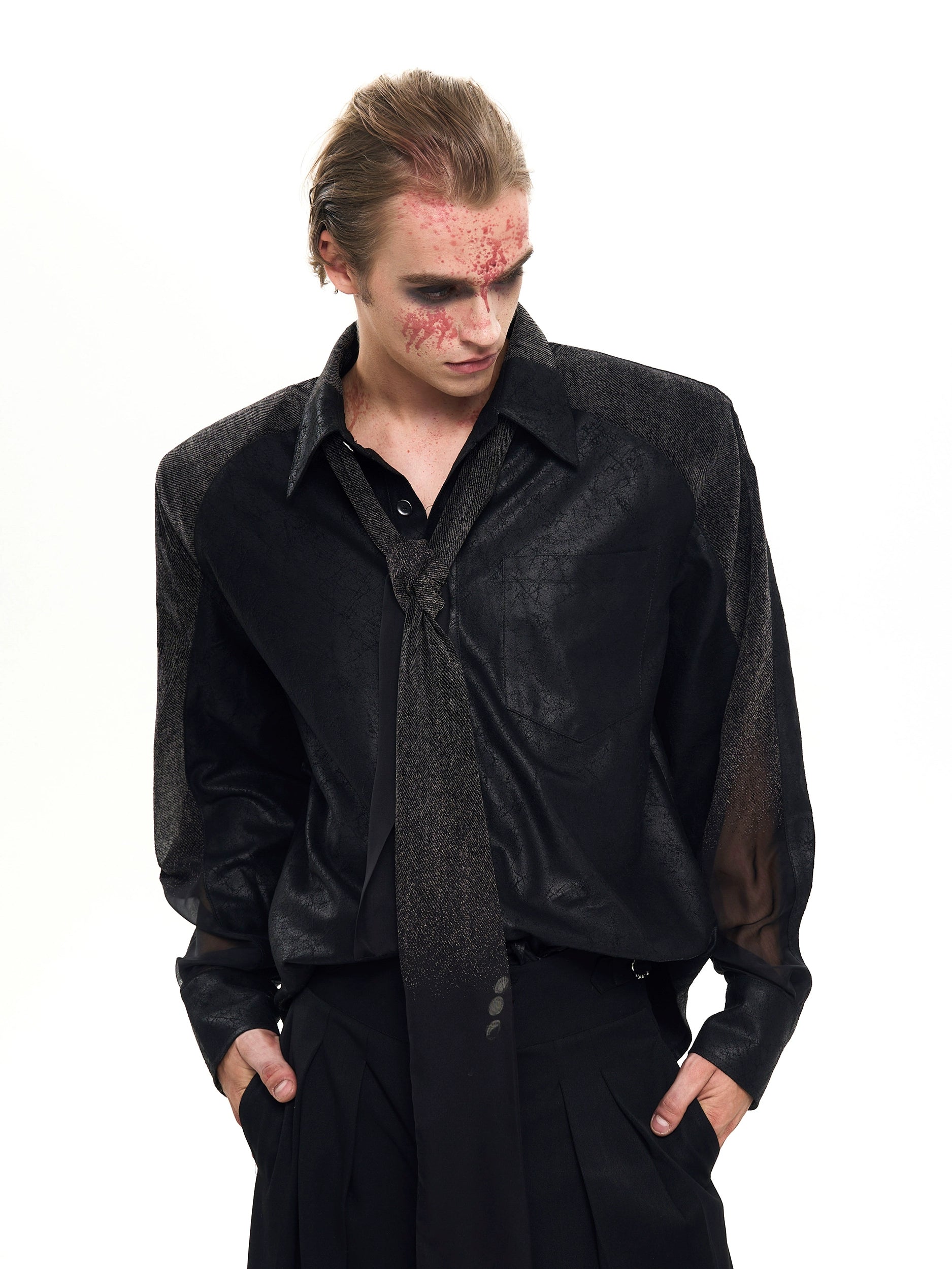 Sheer Panel Metallic Black Shirt