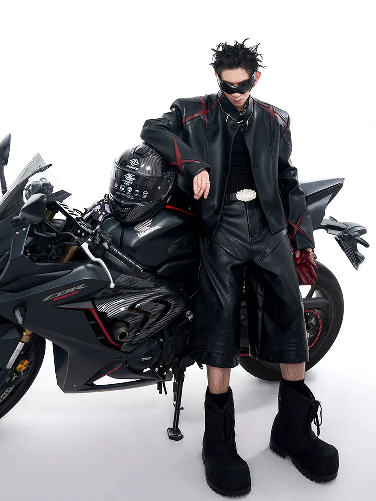 Black PU Leather Moto Jacket with Red X Details