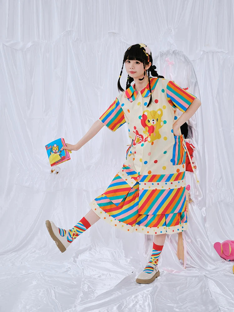 Rainbow Stripe Bear Polka Dot Dress