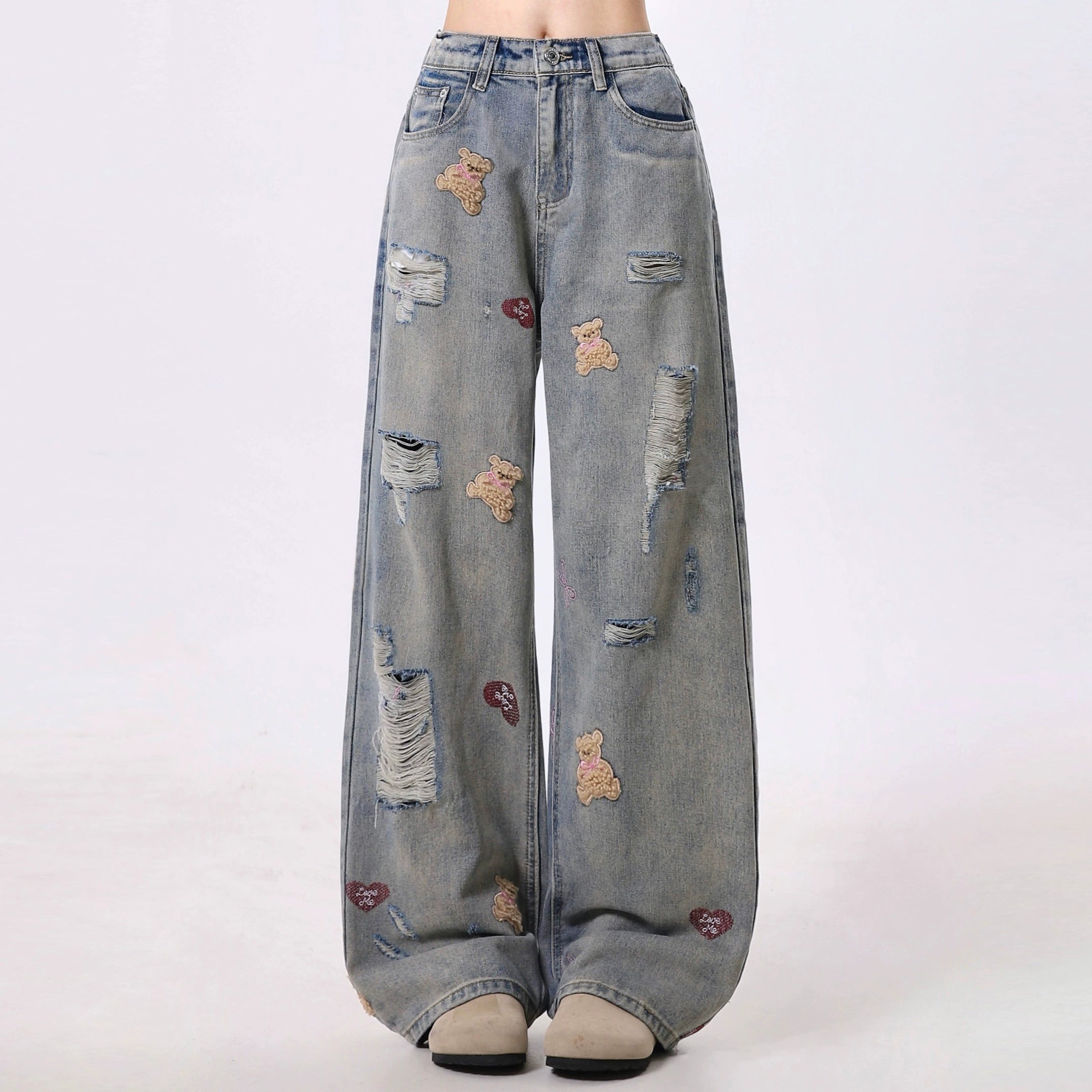 Distressed Teddy Bear Wide Leg Jeans