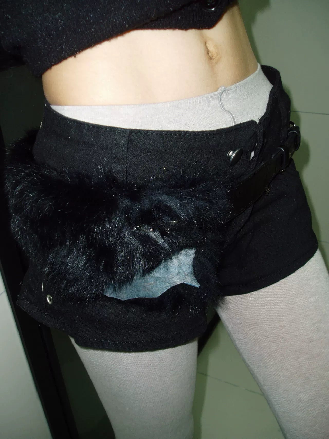 Black Rabbit Fur Crocodile Pattern Chain Belt