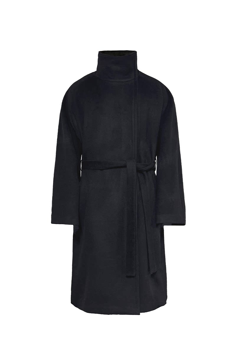 Black Funnel-Neck Belted Wool Coat