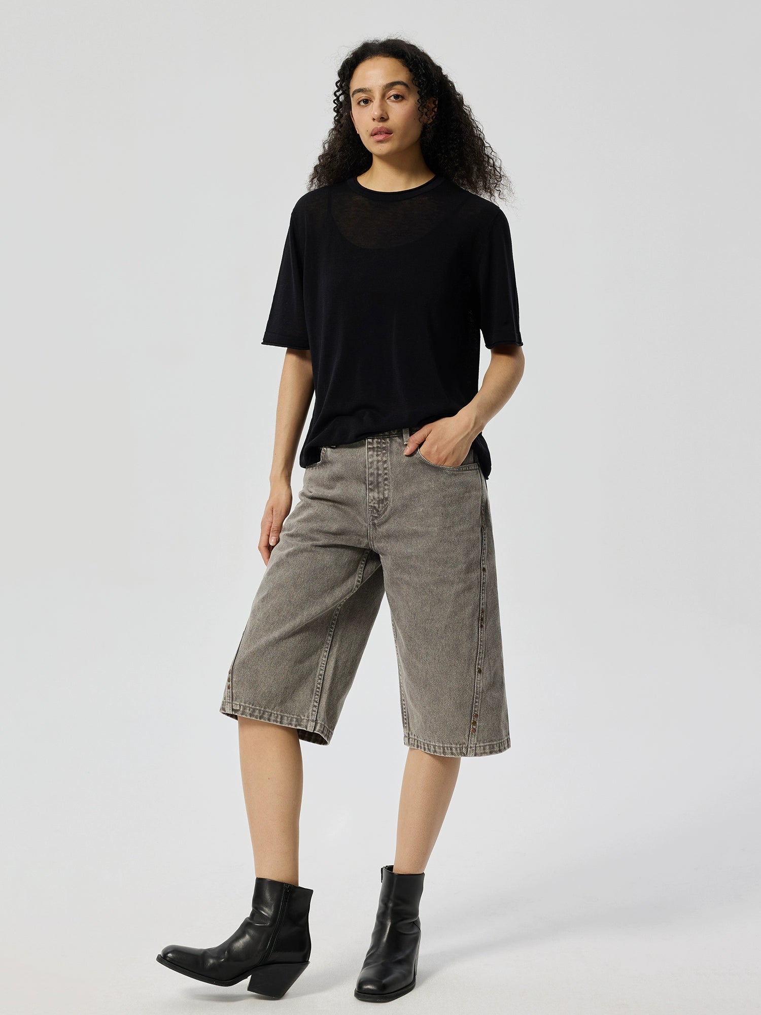 Gray Washed Denim Bermuda Shorts with Side Stud Detailing