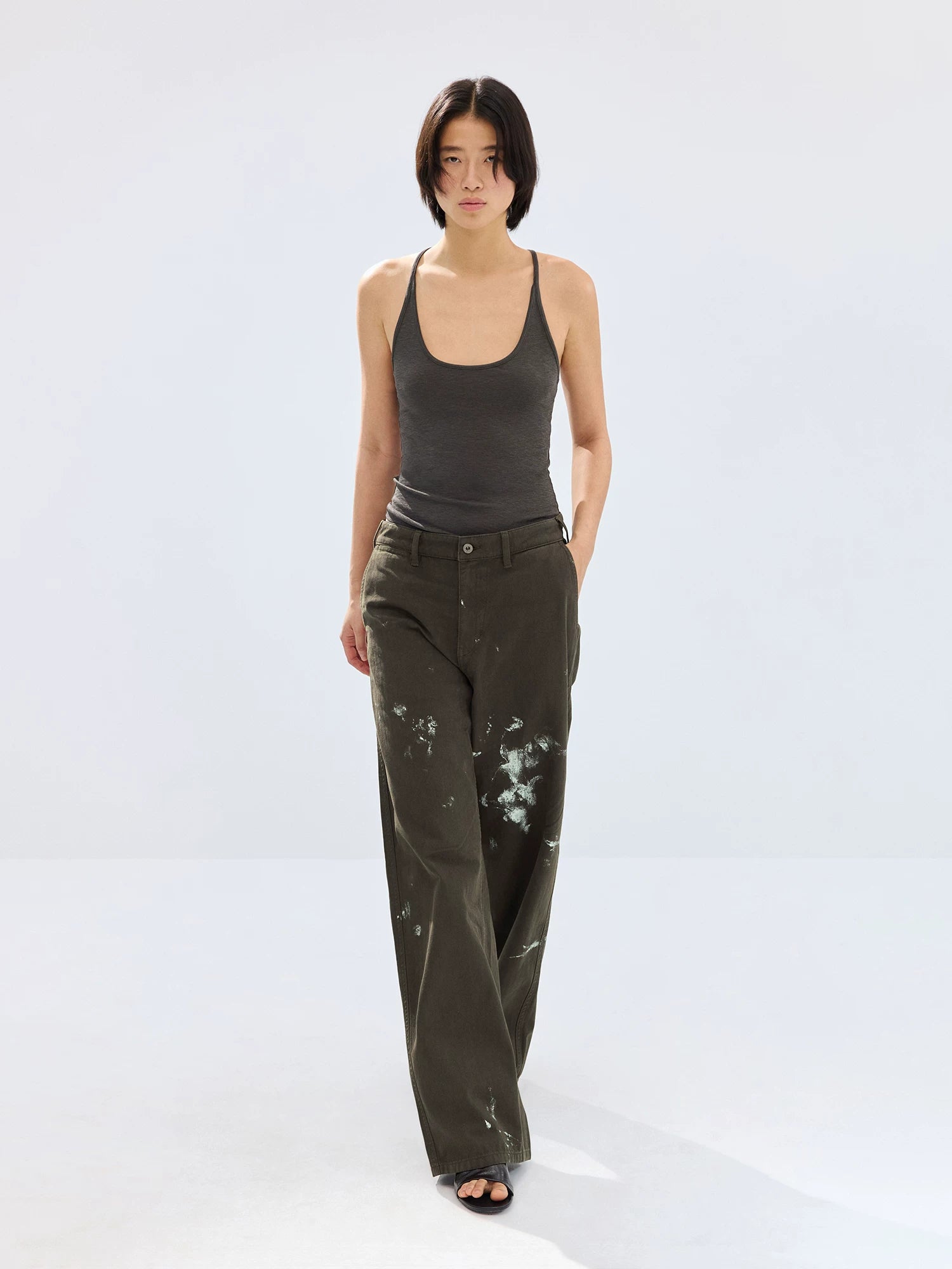 Dark Olive Paint-Splatter Straight-Leg Pants