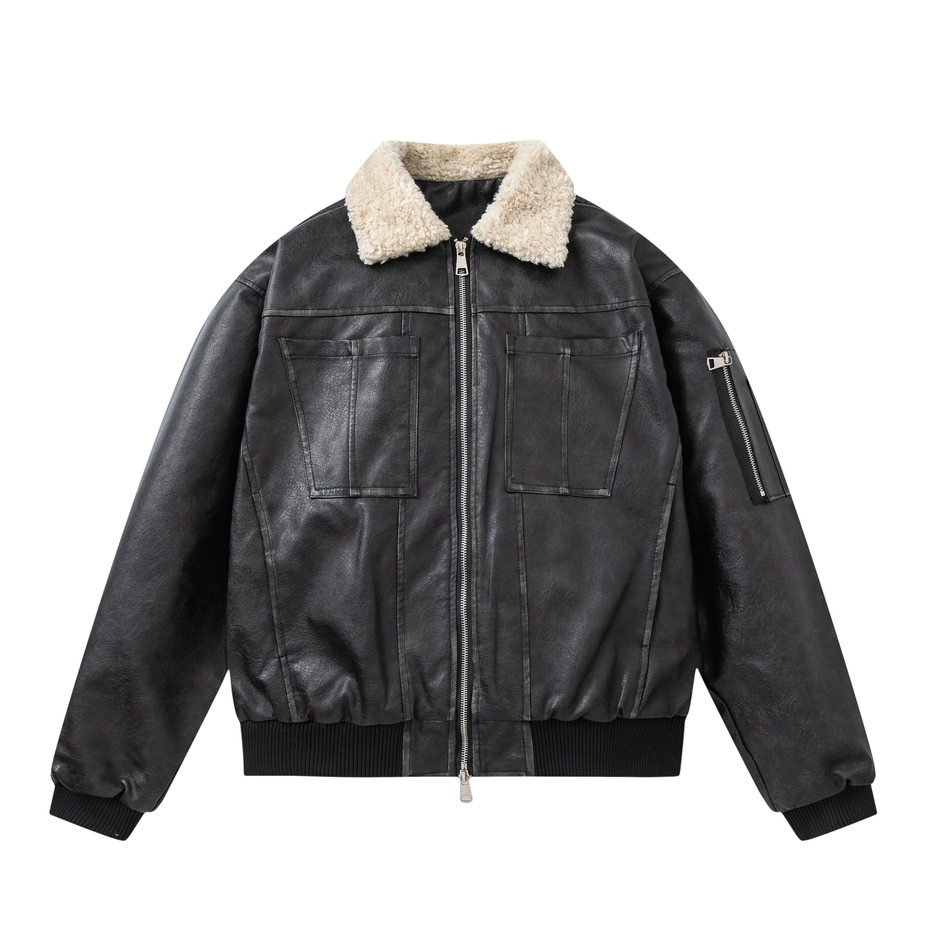 Veste en cuir PU avec col en laine d'agneau