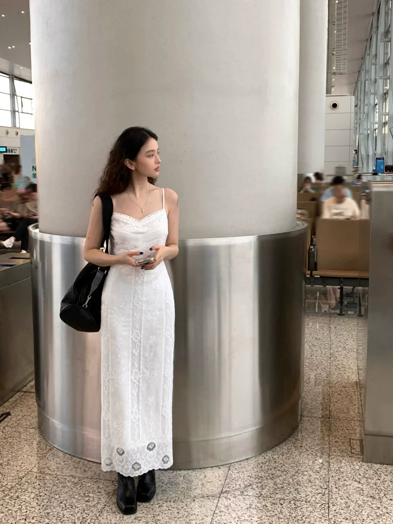 Lace Crochet Spaghetti Strap Maxi Dress L / White