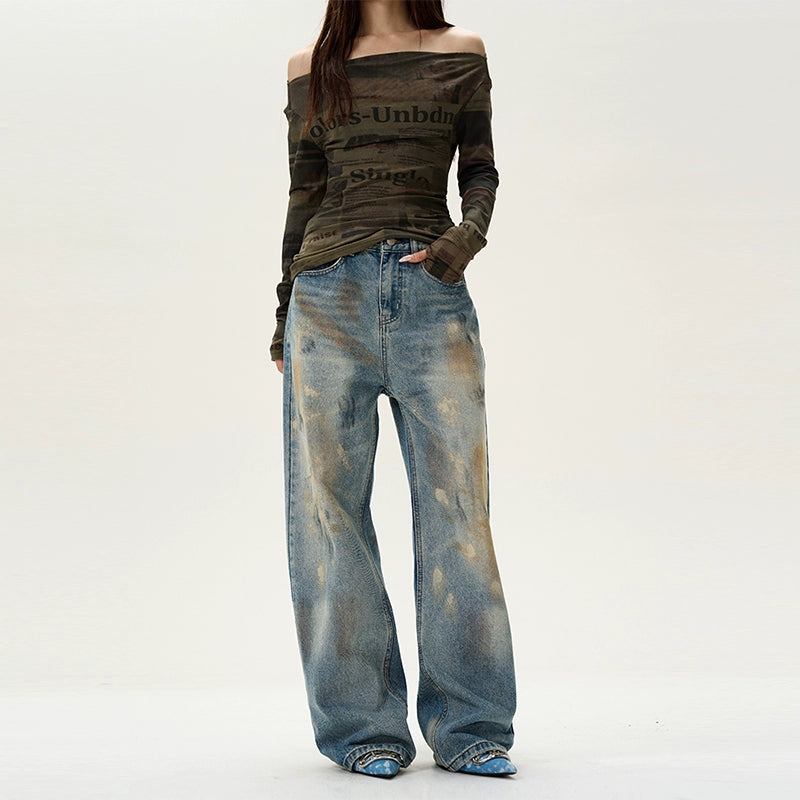 Distressed Blue Wide Leg Baggy Jeans