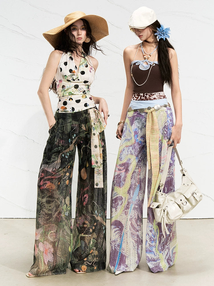 Vintage Floral Velvet Wide Leg Pants