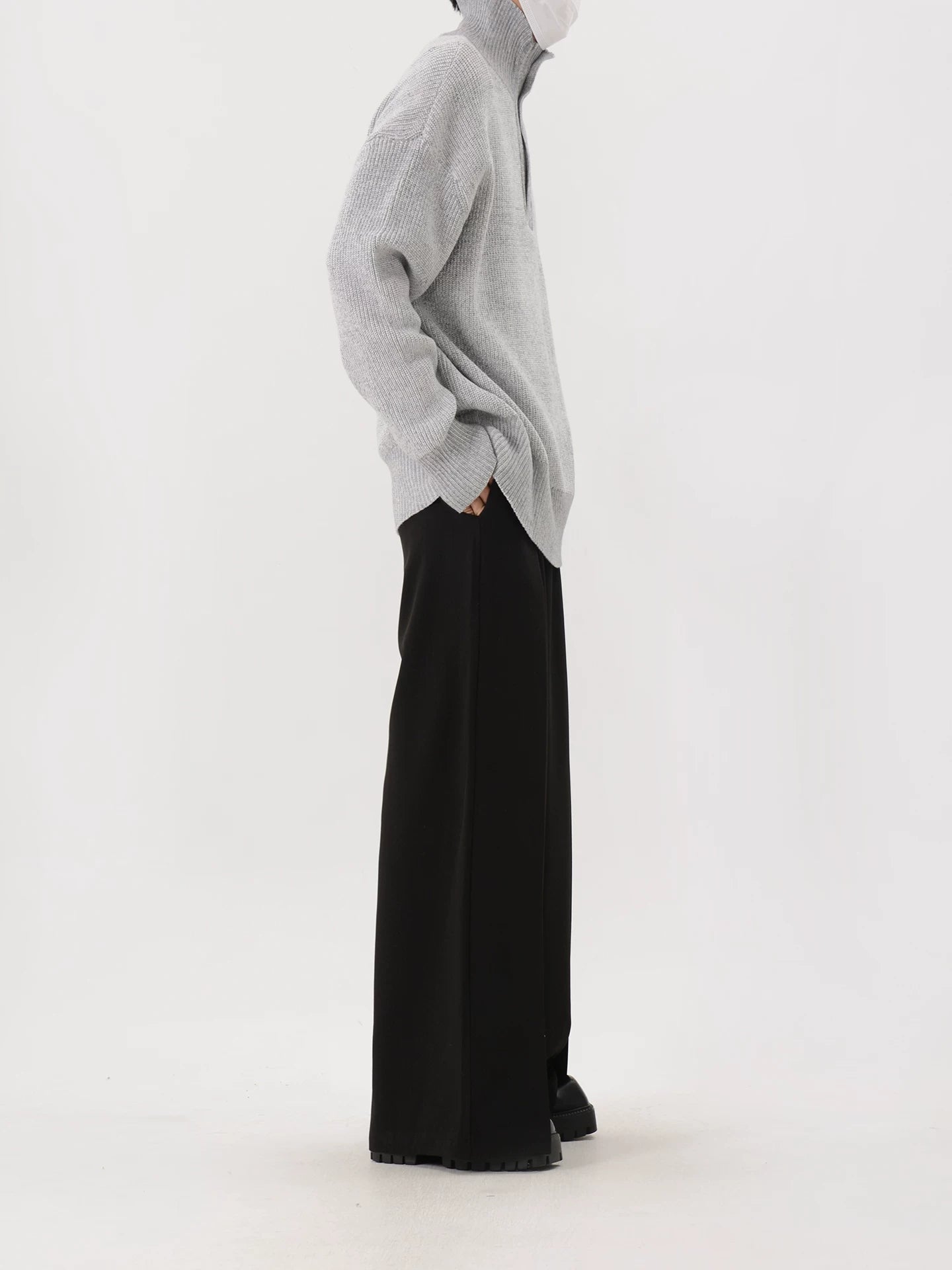 Grey Marled Button-Neck Oversized Knit Sweater