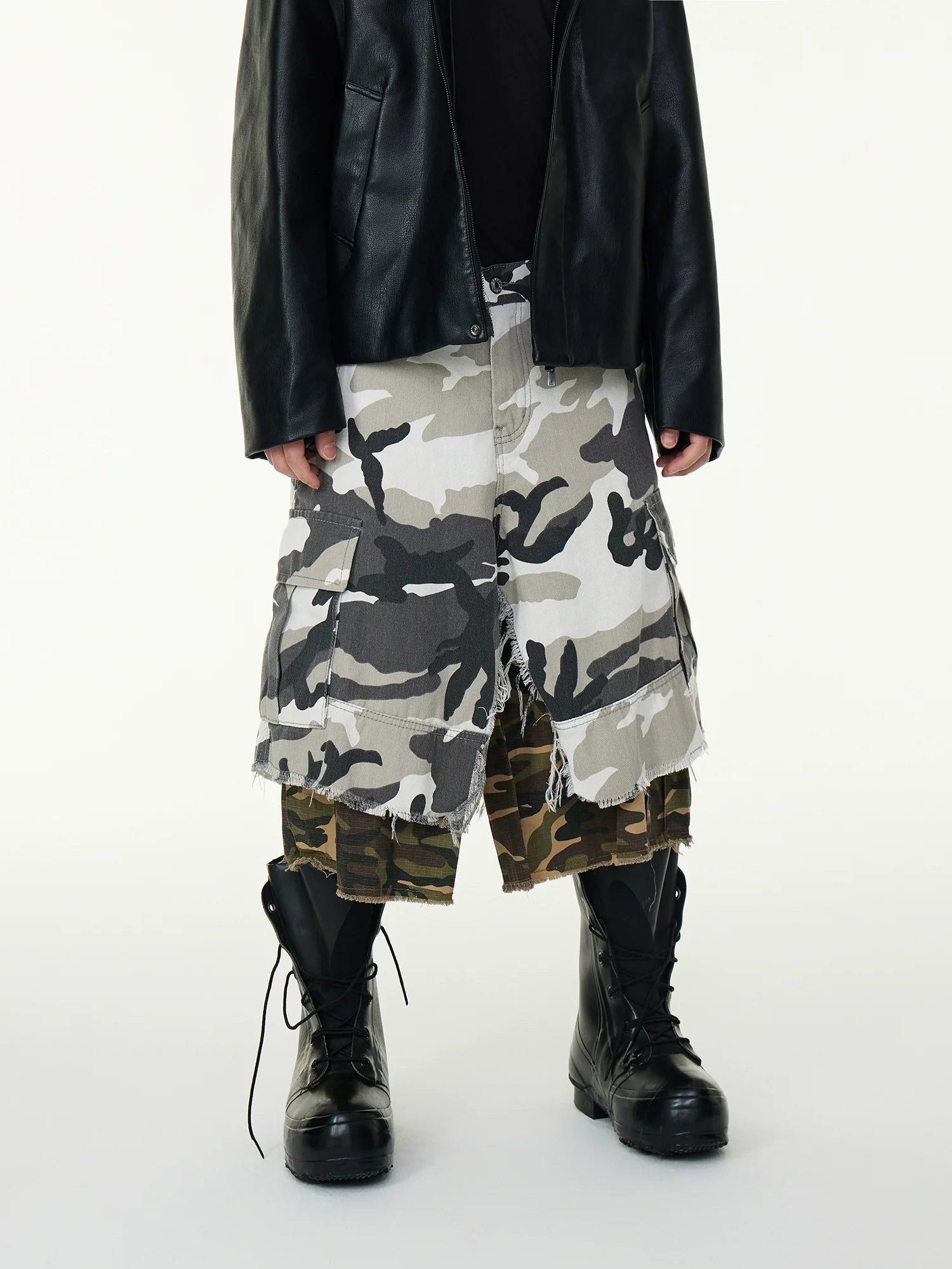 Double Layered Camo Patchwork Cargo Shorts