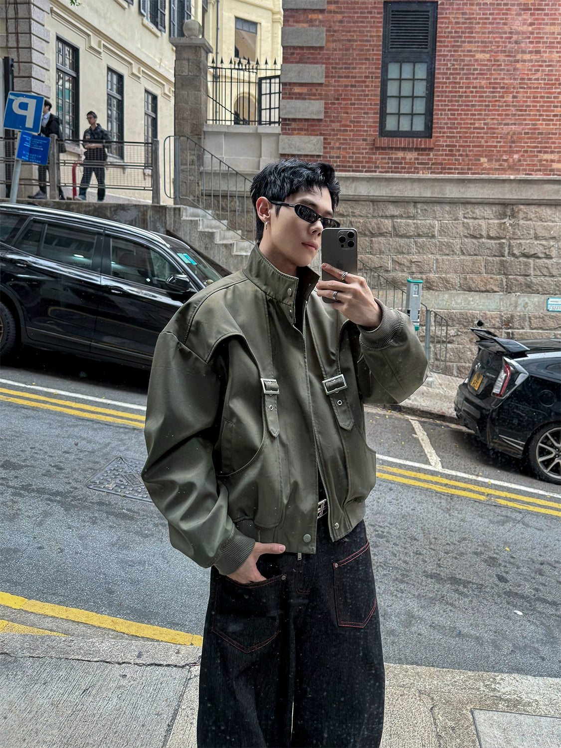 Olive Buckle Arc Bomber Jacket