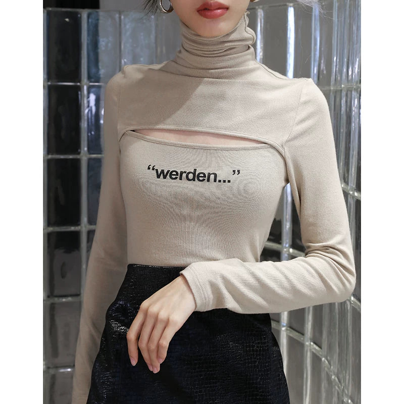 Sand Cutout Turtleneck Graphic Top