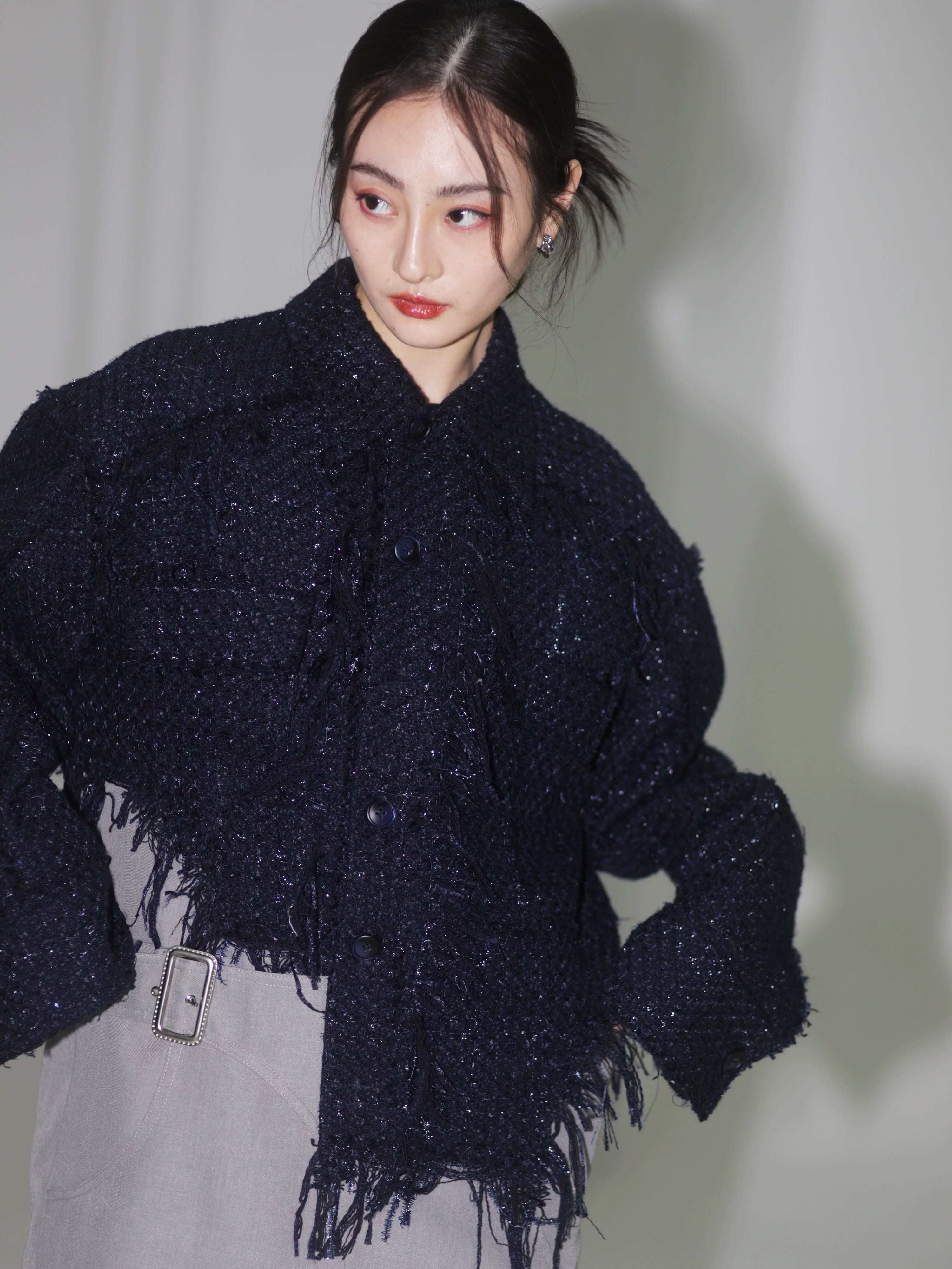 Midnight Fringe Cropped Tweed Jacket