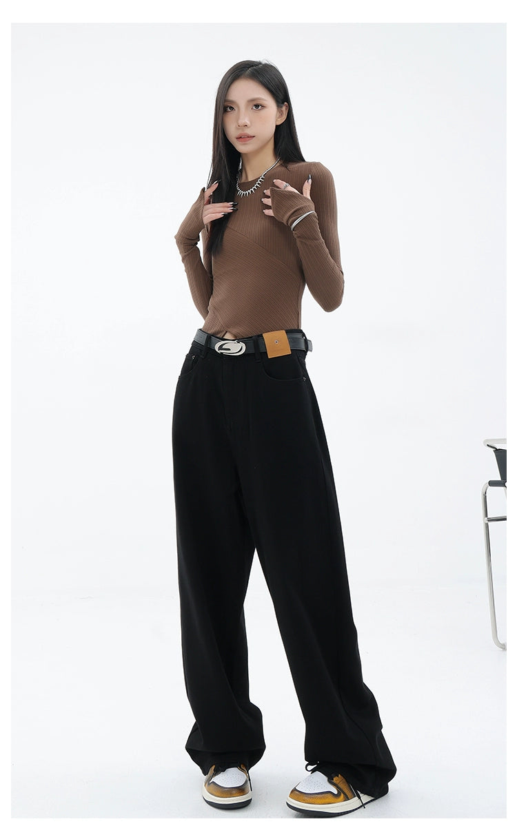 Blue Retro Loose Straight-Leg High-Waist Floor-Length Jeans - chiclara