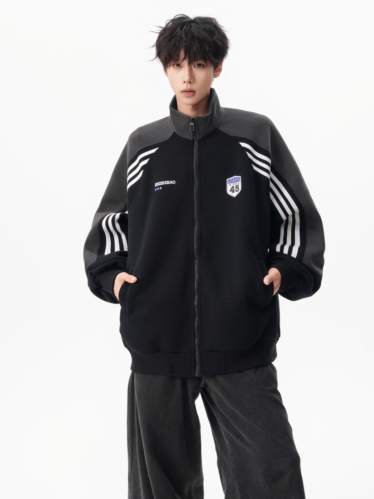 Varsity Track Stripe Zip Bomber Sweater