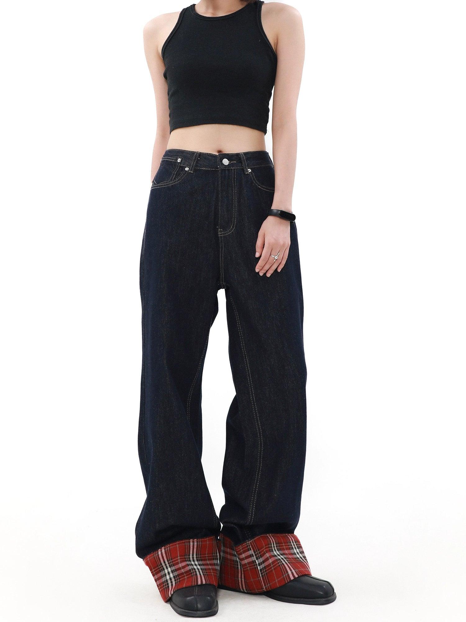 Jeans anchos de la pierna con fastidio a cuadros de mrnearly: mezclilla clásica unisex con un toque
