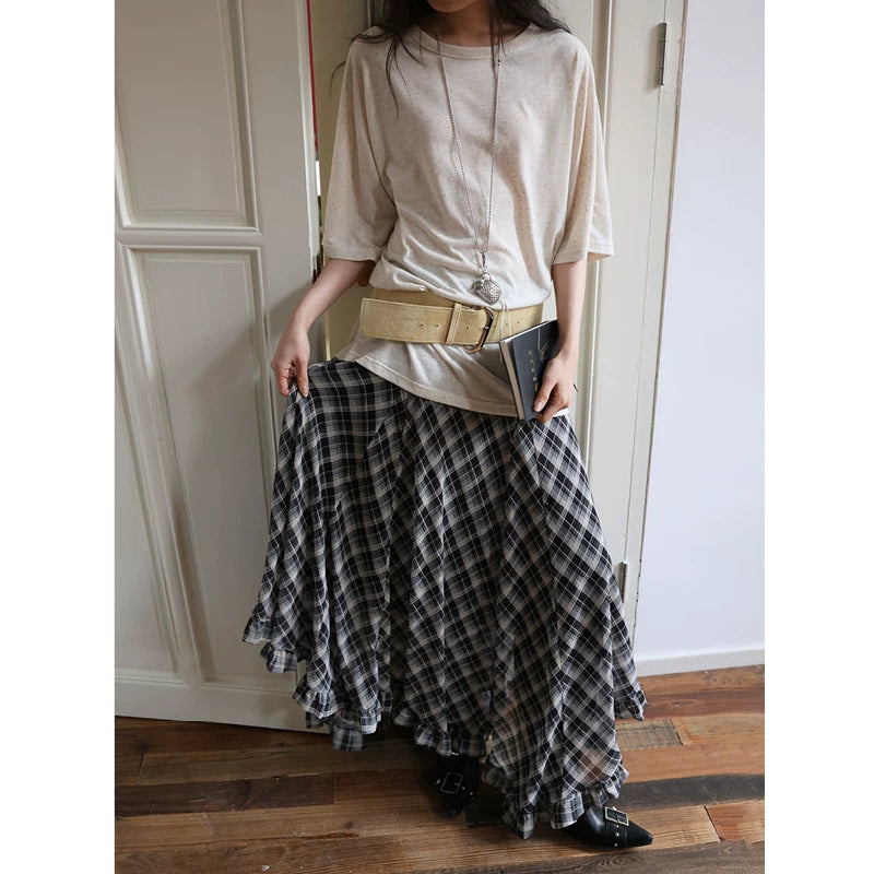 Plaid Chiffon Asymmetric Hem Skirt - black plaid variant image