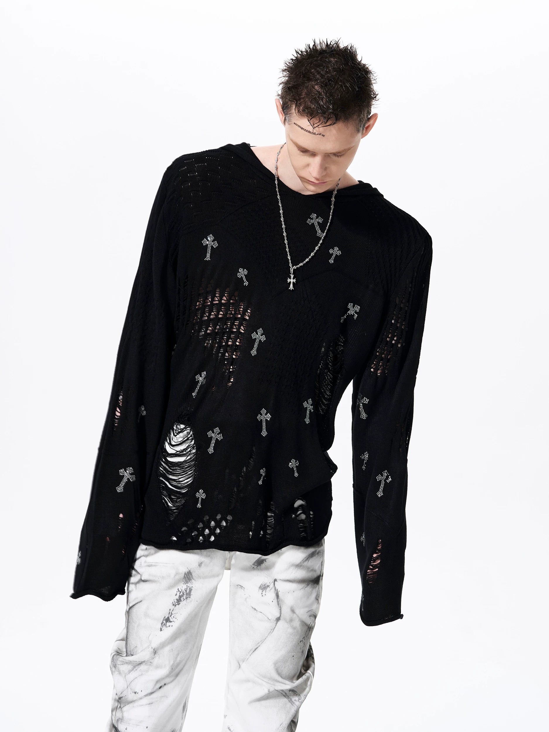 Fallen Cross Shred Knit Hoodie