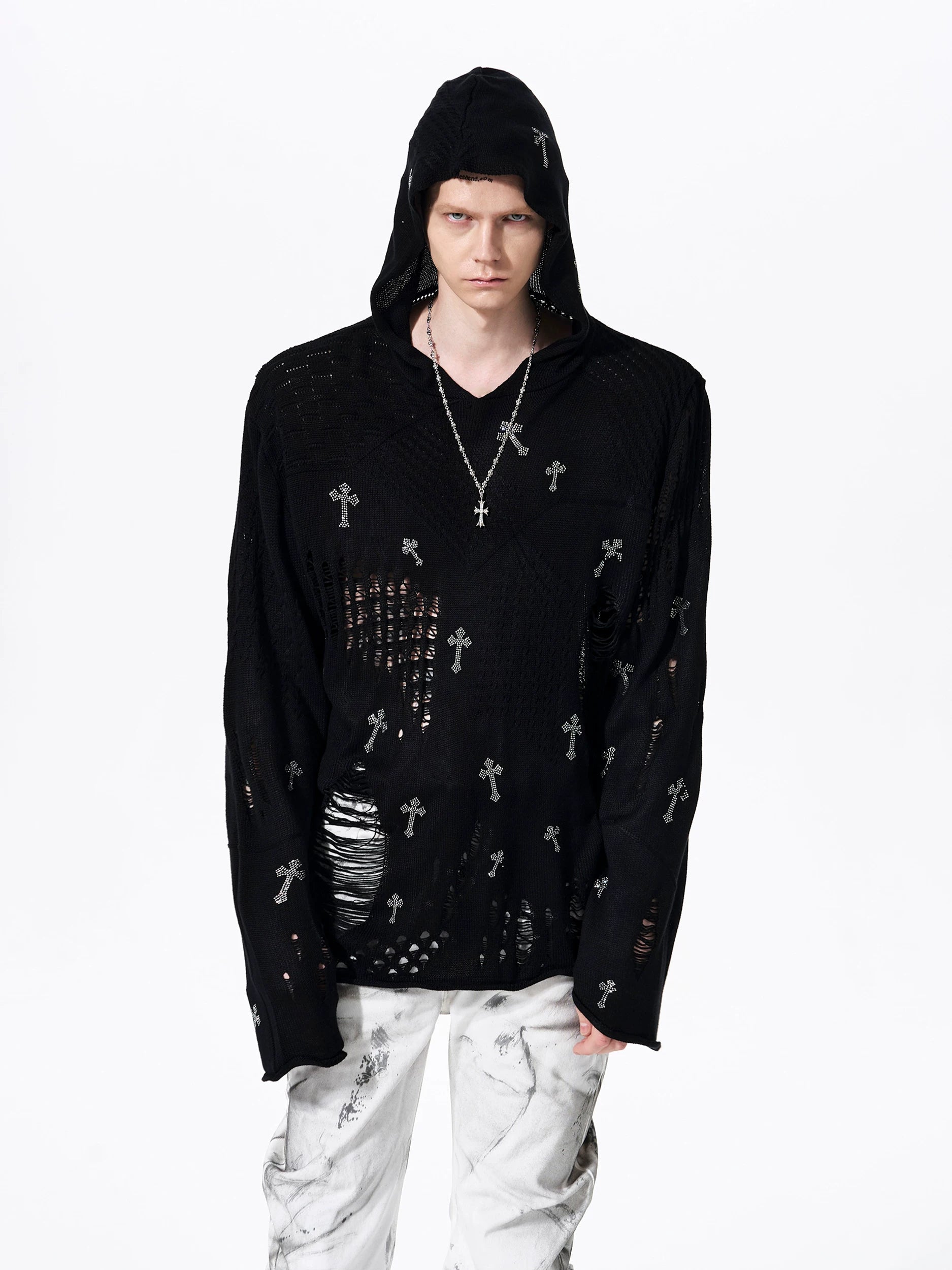 Fallen Cross Shred Knit Hoodie