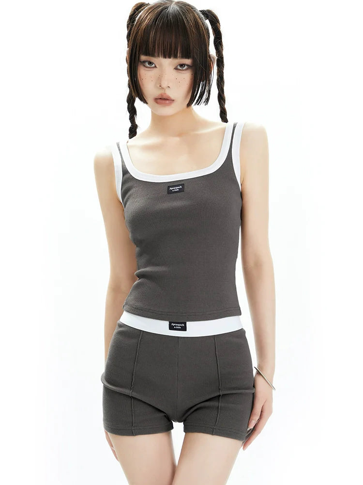 Black and White Contrast Trim Crop Top and Shorts Set
