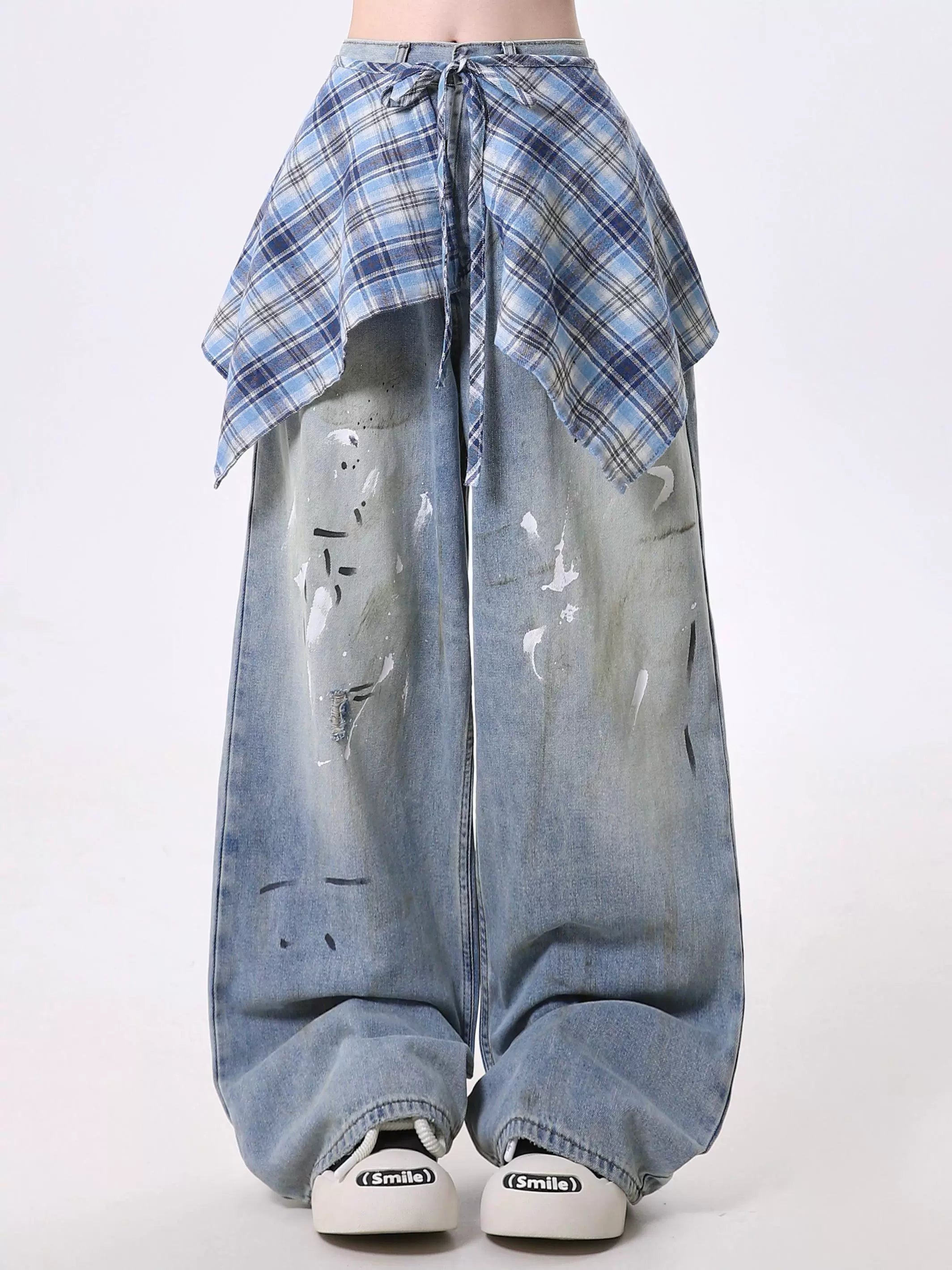 Plaid Wrap Distressed Wide Leg Jeans