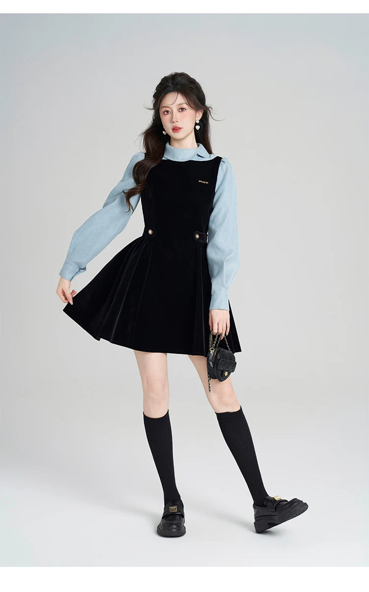 Velvet Pinafore Contrast Sleeve Dress