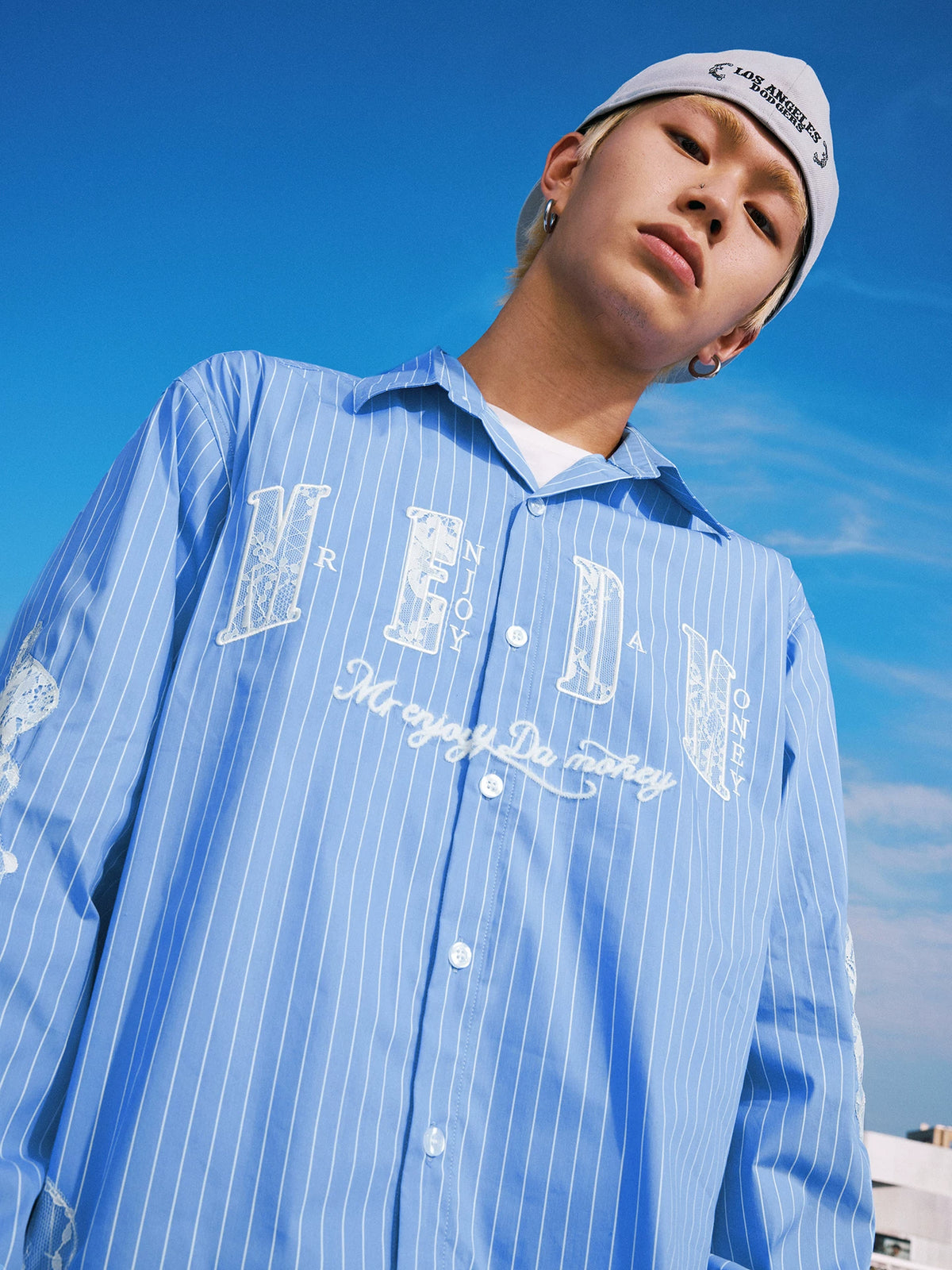 Lace Patchwork Pinstripe Shirt