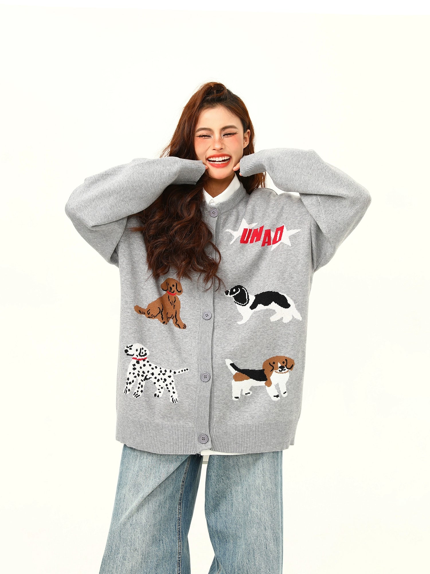 Playful Puppy Pattern Knit Cardigan